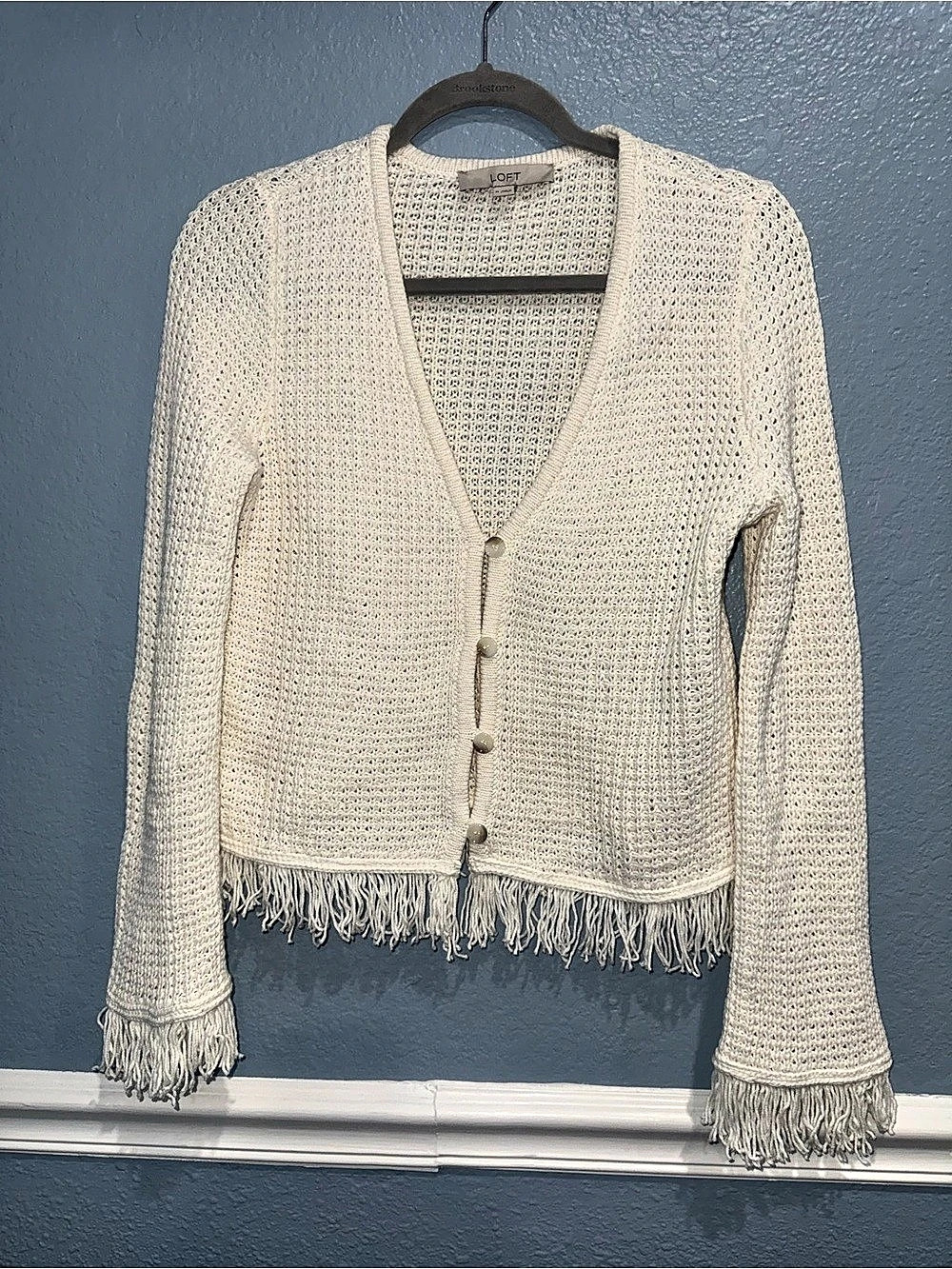 LOFT Fringe Cardigan in Cream Size Medium Like New